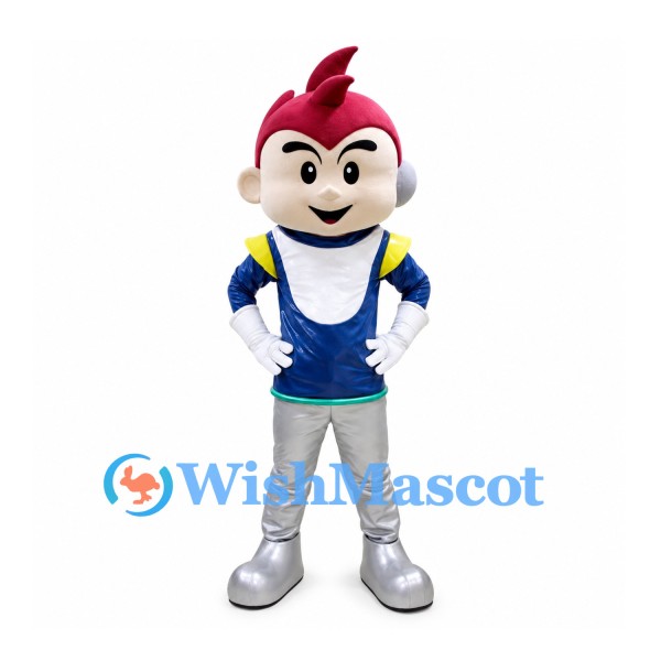 Boy Mascot Costume with Red Spiky Hair and Silver Space Trousers