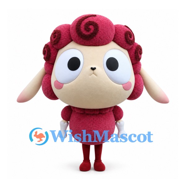 Sheep Mascot Costume in Burgundy with Curly Wool Head