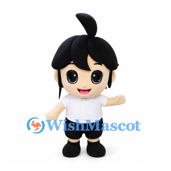 Boy Mascot Costume with Black Topknot and White T-Shirt