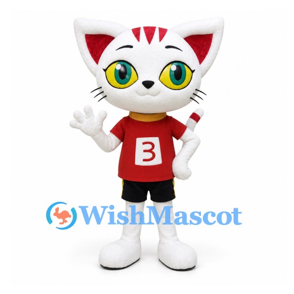 Cat Mascot Costume in White with Red Number 3 Shirt