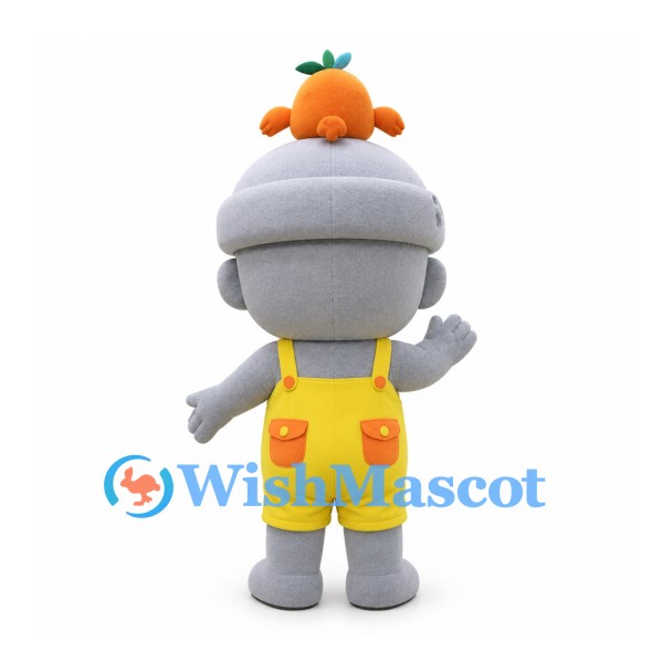 Acorn Mascot Costume in Gray with Yellow Overalls and Orange Hat Ornament