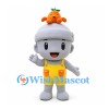 Acorn Mascot Costume in Gray with Yellow Overalls and Orange Hat Ornament