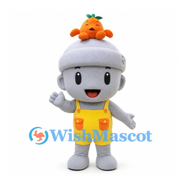 Acorn Mascot Costume in Gray with Yellow Overalls and Orange Hat Ornament