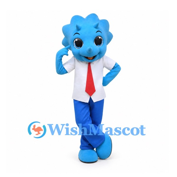 Dinosaur Mascot Costume in Blue with White Shirt and Red Tie