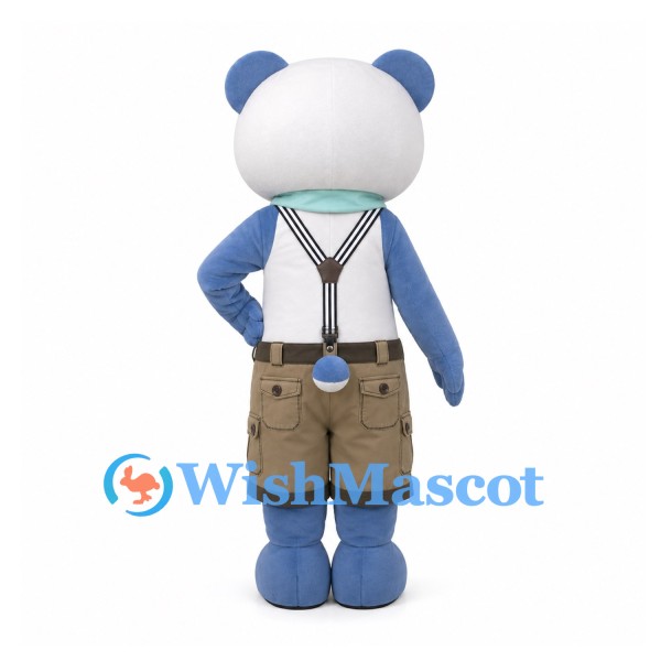 Panda Mascot Costume in Blue and White with Suspender Shorts