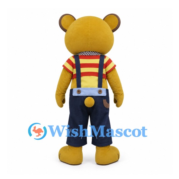 Bear Mascot Costume with Red Striped Shirt and Navy Overalls