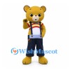 Bear Mascot Costume with Red Striped Shirt and Navy Overalls