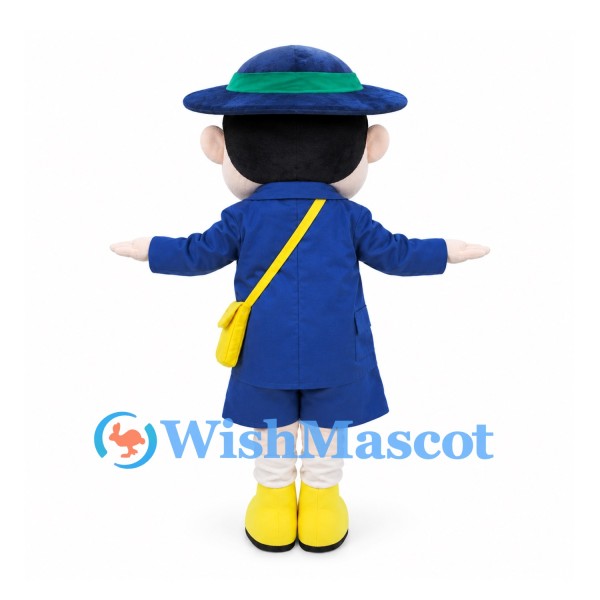 Boy Mascot Costume with Blue Hat, Coat and Yellow Shoulder Bag