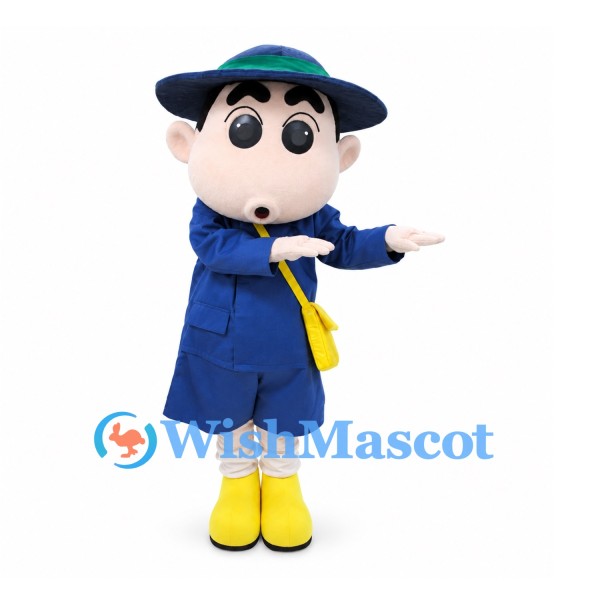Boy Mascot Costume with Blue Hat, Coat and Yellow Shoulder Bag