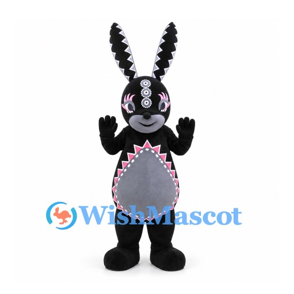 Rabbit Mascot Costume in Black with Patterned Face and Gray Belly