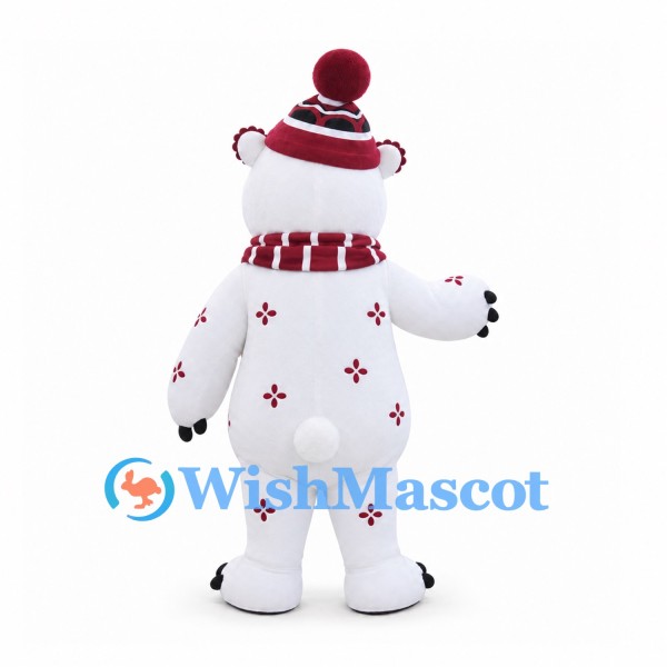 Polar Bear Mascot Costume with Red Knit Hat and Snowflake Patterns