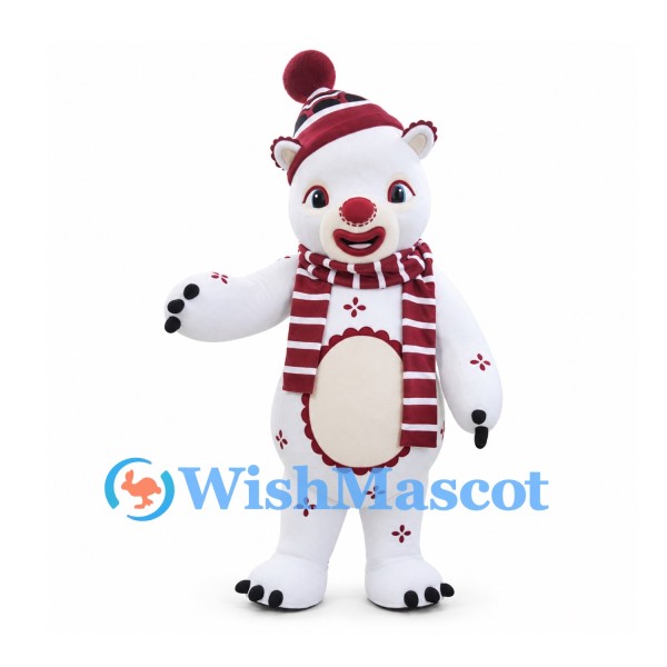 Polar Bear Mascot Costume with Red Knit Hat and Snowflake Patterns