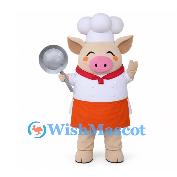 Pig Mascot Costume with Chef Hat, White Shirt and Orange Apron