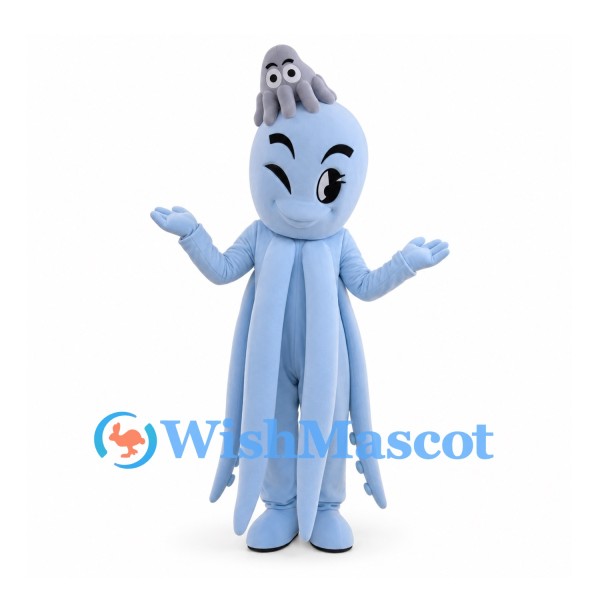 Squid Mascot Costume in Light Blue with Long Tentacles