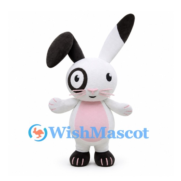 Rabbit Mascot Costume in White with Black-Tipped Ears and Pink Belly