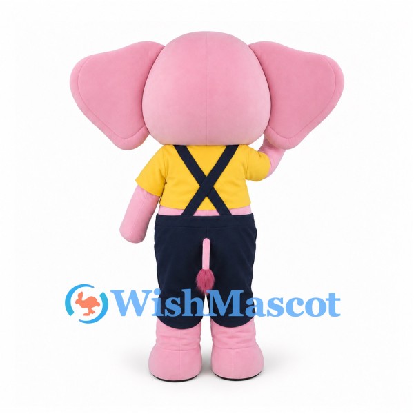 Elephant Mascot Costume in Pink with Yellow Shirt and Navy Overalls