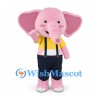 Elephant Mascot Costume in Pink with Yellow Shirt and Navy Overalls