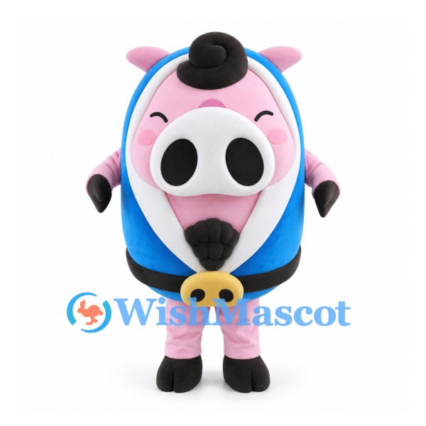 Pig Mascot Costume in Pink with Blue Vest and Black Bowler Hat