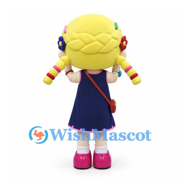 Girl Mascot Costume with Blonde Braids and Navy Dress