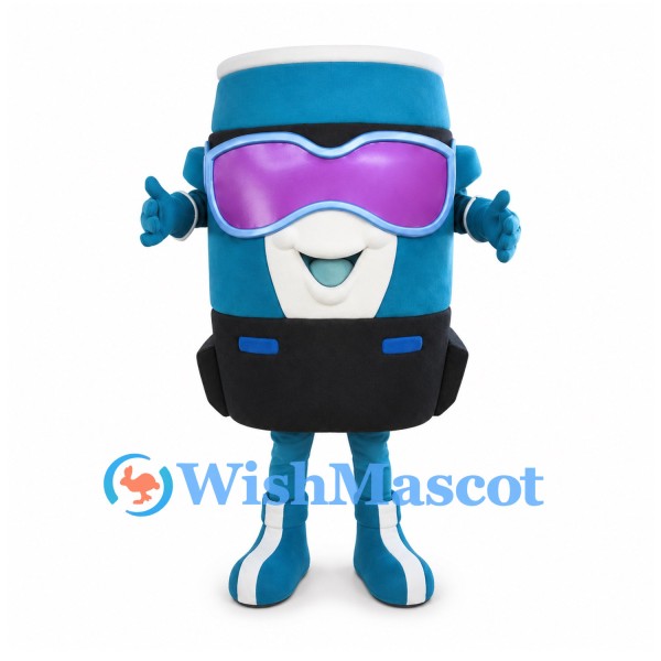 Can Mascot Costume in Blue with Pink Ski Goggles