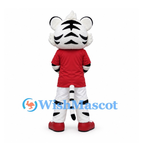 White Tiger Mascot Costume with Red Sports Shirt and White Shorts