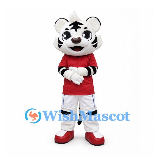 White Tiger Mascot Costume with Red Sports Shirt and White Shorts