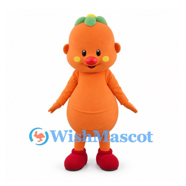 Orange Mascot Costume with Green Leaf Top and Red Shoes
