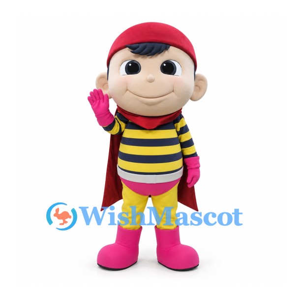 Boy Mascot Costume with Red Cap and Yellow Striped Shirt
