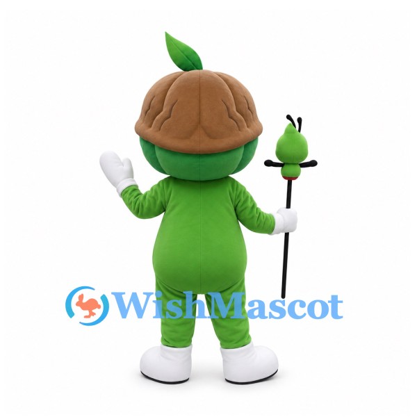 Acorn Mascot Costume in Green with Brown Cap and Leaf Sprout
