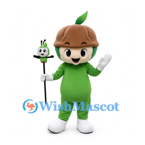 Acorn Mascot Costume in Green with Brown Cap and Leaf Sprout