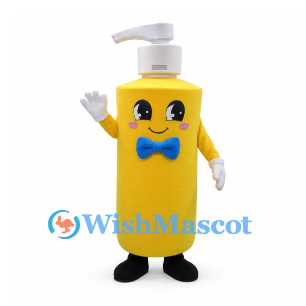Soap Dispenser Mascot Costume in Yellow with Blue Bow Tie