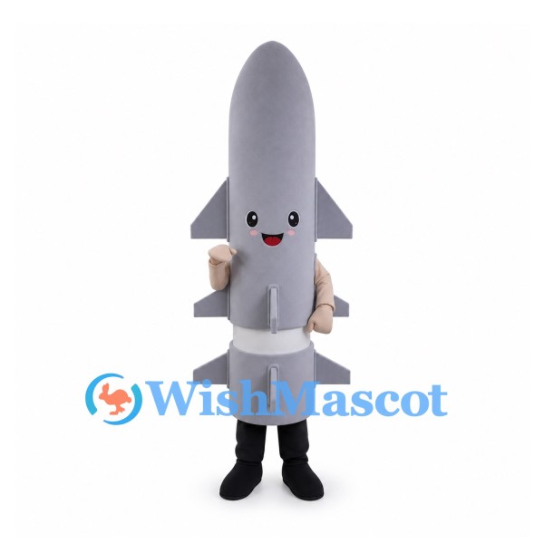 Rocket Mascot Costume in Gray with Side Fins