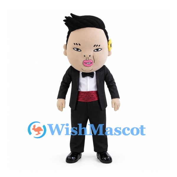Man Mascot Costume with Black Suit and Red Waistband