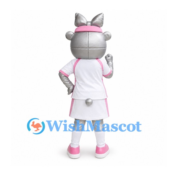 Bear Mascot Costume in Silver with Pink Visor and White Sports Dress