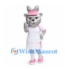 Bear Mascot Costume in Silver with Pink Visor and White Sports Dress
