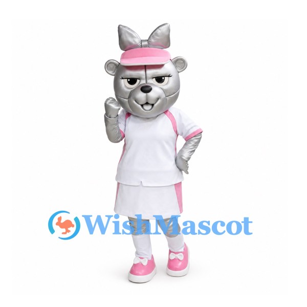 Bear Mascot Costume in Silver with Pink Visor and White Sports Dress