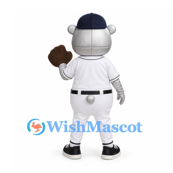 Bear Mascot Costume in Silver with White Baseball Uniform and Mitt