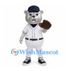 Bear Mascot Costume in Silver with White Baseball Uniform and Mitt