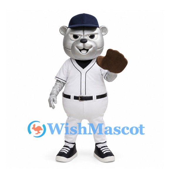 Bear Mascot Costume in Silver with White Baseball Uniform and Mitt