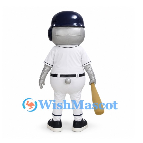 Bear Mascot Costume in Silver with Navy Baseball Helmet and Bat