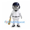Bear Mascot Costume in Silver with Navy Baseball Helmet and Bat