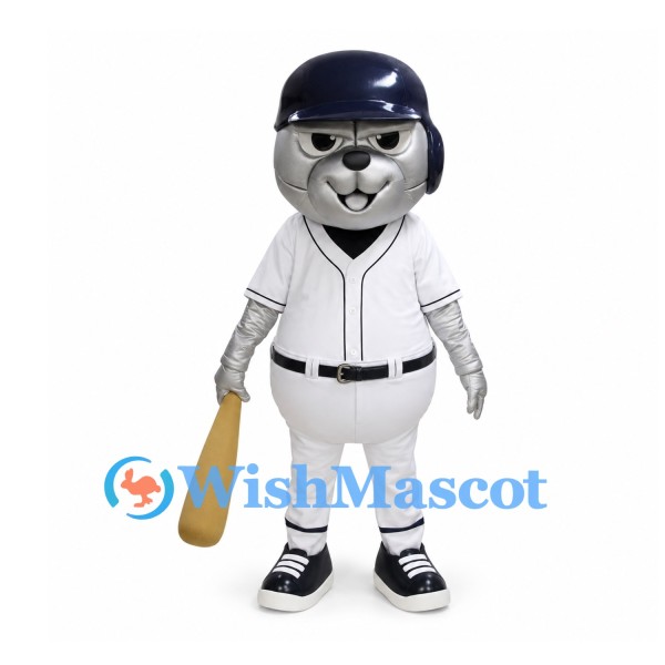 Bear Mascot Costume in Silver with Navy Baseball Helmet and Bat