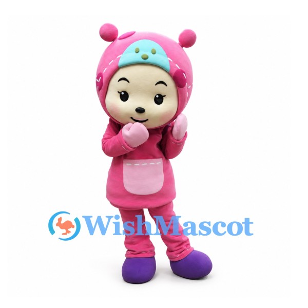 Girl Mascot Costume with Pink Monster Hooded Suit