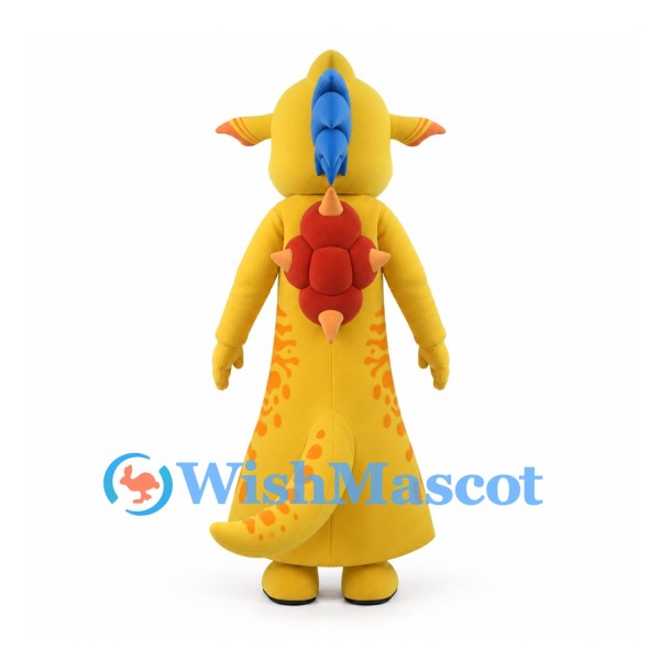 Dragon Mascot Costume in Yellow with Blue Crest and Red Backpack