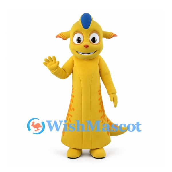 Dragon Mascot Costume in Yellow with Blue Crest and Red Backpack