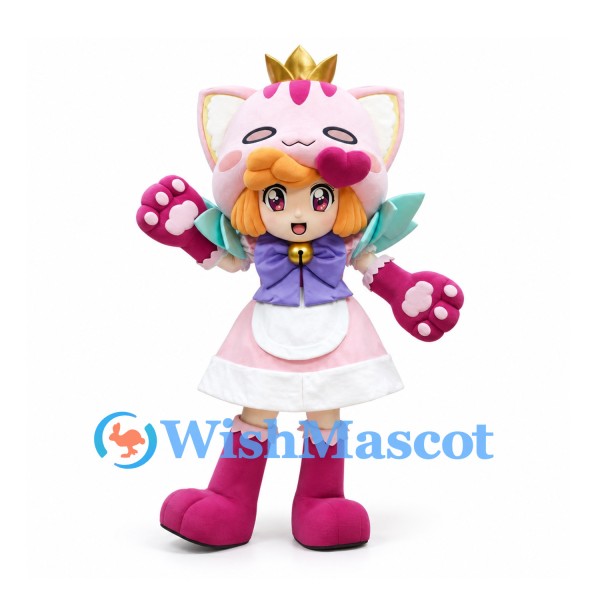 Cat Mascot Costume with Gold Crown and Pink Maid Dress