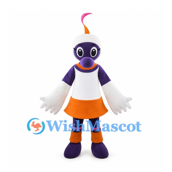 Robot Mascot Costume in Purple with Orange Shorts and Pink Antenna