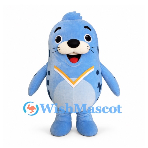 Seal Mascot Costume in Blue with Spotted Back and Orange Collar