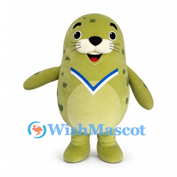 Seal Mascot Costume in Green with Spotted Back and Blue Collar