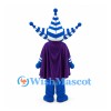 Jester Mascot Costume with Blue Striped Hat and Purple Cape